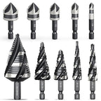 THINKWORK 5 Pcs Four Spiral Flute Step Drill Bit Set & 5 Pcs Countersink Drill Bits with Tool Box, Nitriding HSS Drill Bits for Metal, Aluminum, Wood, Plastic