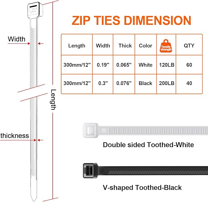 Zip Ties Heavy Duty 12+12 inch,V-Shaped Toothed Double Sided With 200 LBS Tensile Strength Cable Ties ，Extra Large Wire Ties Adjustable Nylon Tie Wraps for Indoor Outdoor Black and White（100 Pack）