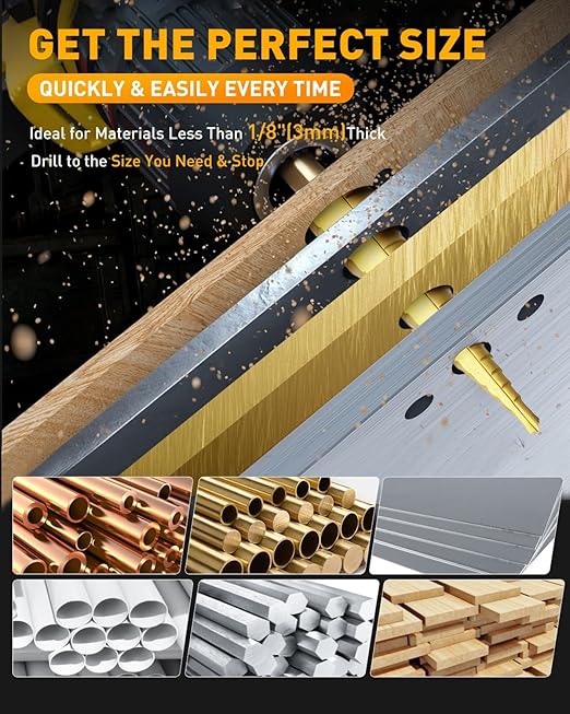 COMOWARE Step Drill Bit Set 5-Piece Titanium-Coated with Automatic Center Punch - Short Length, Double Cutting Blades, High-Speed Steel - Covering 50 Sizes, Complete with Aluminum Case