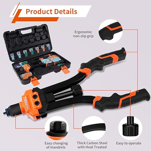 HARDELL Rivet Nut Tool, 14" Rivnut Tool with 100 Pcs Rivet Nuts and 7 Metric & Inch Mandrels M6 M8 M10, 1/4-20, 5/16-18, 3/8-16, 10-24 and Rugged Carrying Case
