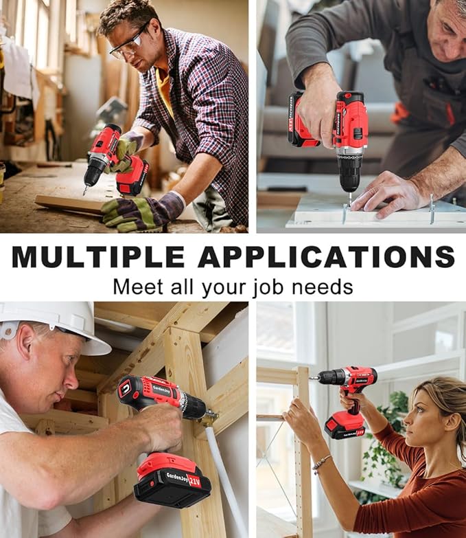 Cordless Power Drill Set: GardenJoy 21V Electric Drill Driver Kit with Battery and Fast Charger, 65pcs Acessories, 2 Variable Speed Control, 3/8-Inch Keyless Chuck and 24+1 Torque Setting