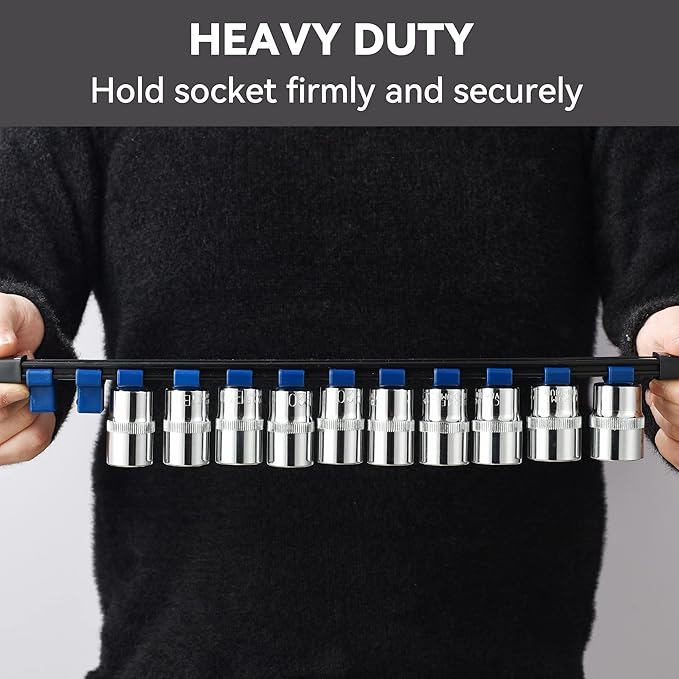 ALOANES 3 PC ABS Socket Organizer, 1/2 inch, Drive Socket Rail Holders, Heavy Duty Socket Racks, Black Rails with Blue Clips