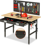 60" Workbench with Drawers, Adjustable Height Work Table, 2000 LBS Heavy-Duty, Rubber Wood, Black, Steel