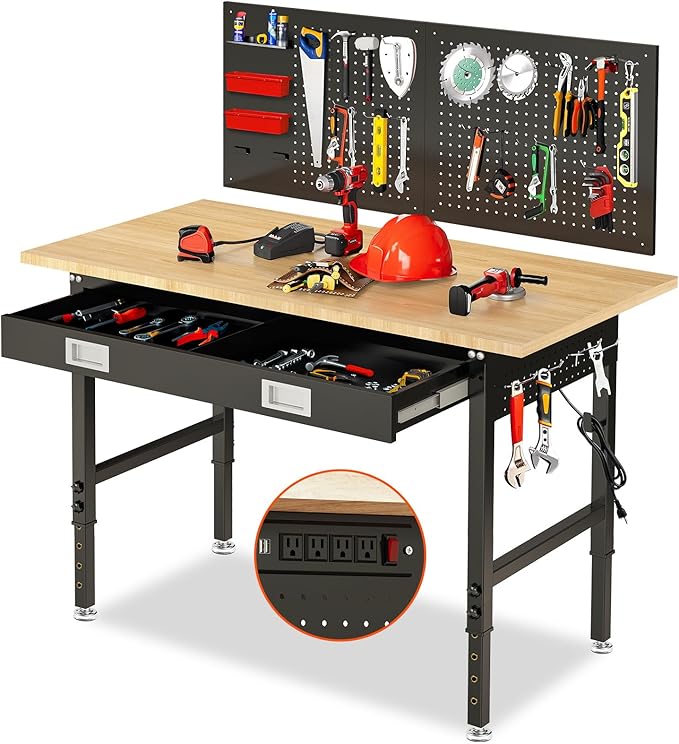 60" Workbench with Drawers, Adjustable Height Work Table, 2000 LBS Heavy-Duty, Rubber Wood, Black, Steel