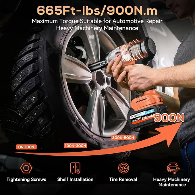 Cordless Impact Wrench, 665Ft-Ibs (900N.m) 1/2" Electric Impact Wrench, 21V Power Impact Drill with 2x 4.0Ah Battery, 6 Sockets, 8 Drill, 6 Screws, Impact Gun Variable Speeds for Car/Truck/Mower