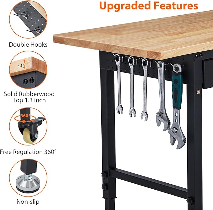 60'' Adjustable Workbench, Heavy Duty Workbench with Drawer, Power Outlet and Lockable Wheels, 2000 LBS Capacity, Work Table Suitable for Office, Garage, Workshop