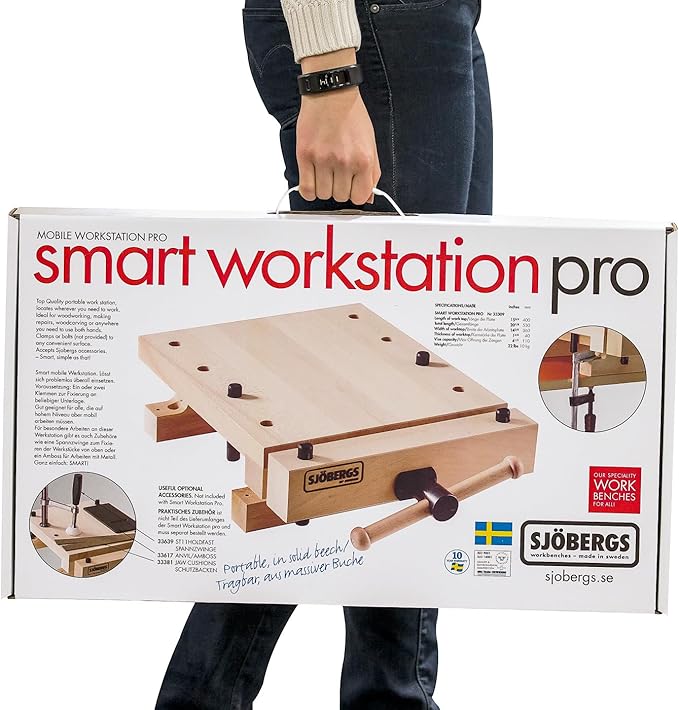 Sjöbergs Smart Workstation Pro Vise, 1-5/8" Thick Beech Top, Mini Workbench, Cork Jaw Cushions, Portable Hardwood Clamp for Woodworking, 20-7/8" X 14-3/8" Bench Surface, SJO-66690K