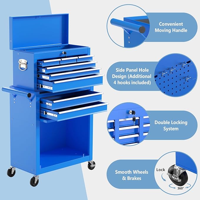 8 Drawer High Capacity Rolling Tool Chest, Metal Tool Box with Wheels and Drawers, Detachable Toolbox with Lock, Heavy Duty Tool Cabinet for Workshop, Warehouse and Garage (Blue)