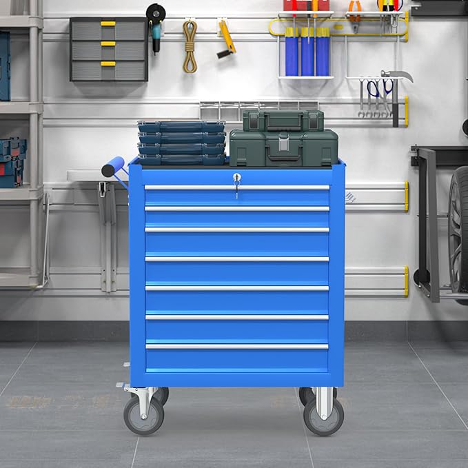 7 Drawers Large Capacity Rolling Tool Chest, Metal Tool Box with Wheels and Drawers, Tool Storage Cabinet with Keyed Locking, Tool Organizer Box for Garage, Workshop, Warehouse (Blue)