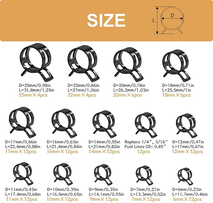 140PCS 6-25mm 14 Sizes Spring Band Hose Clamps with Swivel Flat Hose Clamp Plier, Constant Tension Hose Clamp Assortment Kit DD037