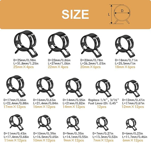 140PCS 6-25mm 14 Sizes Spring Band Hose Clamps with Swivel Flat Hose Clamp Plier, Constant Tension Hose Clamp Assortment Kit DD037