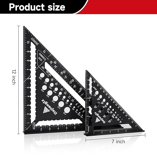 Carpenter Square 7 and 12 Inch Set, Aluminum Rafter Square Framing Suqare Double Scale Triangle Ruler, Protractor Measuring Hole for Woodworking and Carpentry Layout Tool Black with 2 Pencil
