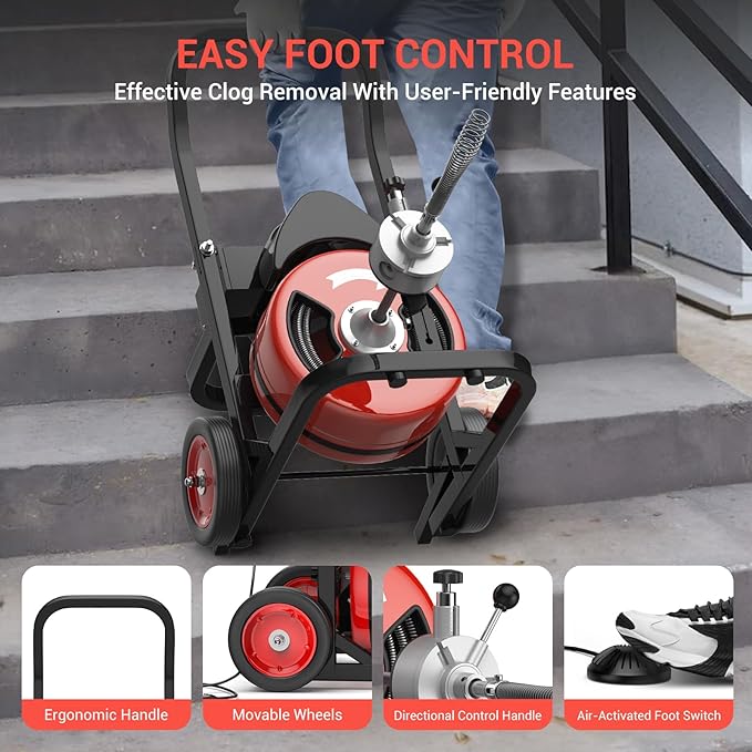 Electric Drain Cleaning Machine 75Ft 1/2 Inch, 450W Auto Feed Portable Sewer Snake, Drain Auger with 6 Cutter and Air-Activated Foot Switch for 2"–4" Pipes