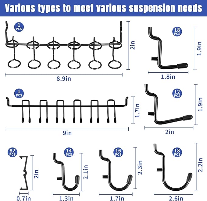 196 PCS Extra Thick Pegboard Hooks Set, Fit 1/4" Peg Board for Hanging Storage, Black Heavy Duty Metal Pegboard Accessories with Pegboard Bins for Garage Wall Organizer