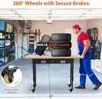 60'' Adjustable Workbench, Heavy Duty Workbench with Drawer, Power Outlet and Lockable Wheels, 2000 LBS Capacity, Work Table Suitable for Office, Garage, Workshop