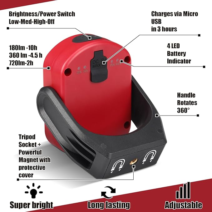 Retisee 3 Pcs 720 Lumens Magnetic Work Light USB Rechargeable LED Flashlight Portable Inspection Light for Car Repair Emergency Lighting Mechanics Workshop (Red)