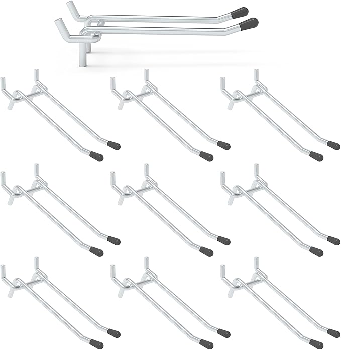 HUHOLE Double Arm Pegboard Hooks 4 Inch 10PC, Fit 1/4" Pegboard, Ideal Peg Board Tool Utility Hooks for Garage Organization, Wall Storage, Heavy Duty Tool Holder with Protecting Tip