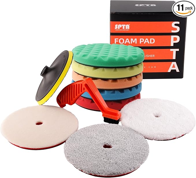 SPTA 10pcs Polishing Pads Kit, 7 Inches Large Size Buffing Pads, Car Foam Buffing Sponge Pads Kit with 5/8"-11 Backing Plate for Car Waxing Polishing