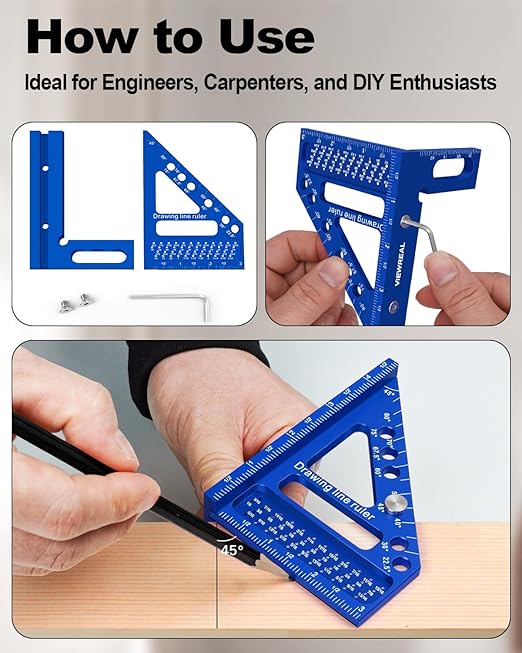 3D Multi-Angle Aluminum Alloy Woodworking Square Ruler, 22.5-90 Degree Protractor, High Precision Miter Triangle Ruler for Engineers, Carpenters, and Craftsmen