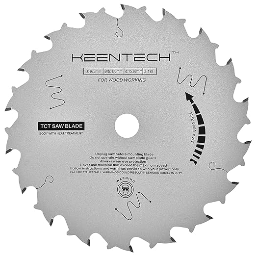 KEENTECH 6-1/2 Inch Woodworking Circular Saw Blade 18T, Non-Stick Coating, Tungsten Carbide Tipped, ATAF Grind, 5/8 Inch Arbor Hole