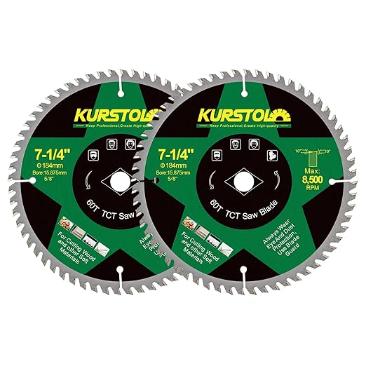 Circular Saw Blade 7-1/4 Inch - 60T ABT Wood Cutting Saw Blade with 5/8” Arbor for Wood, Plastic, Plywood, Particle Boards, Multilayer Boards(2 Pack)