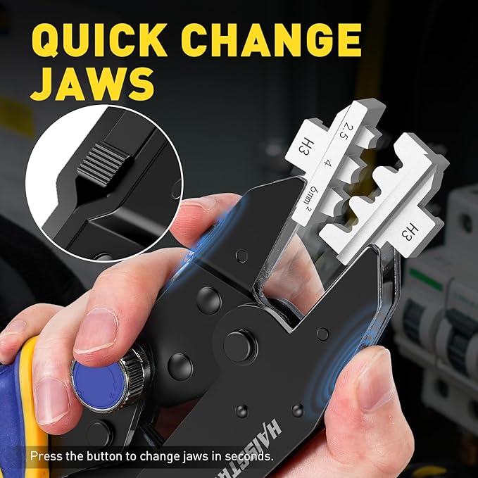 haisstronica Quick Change Jaws Crimping Tool for Solar Connectors AWG 14-10 Ratcheting Wire Crimper & Terminals - H3