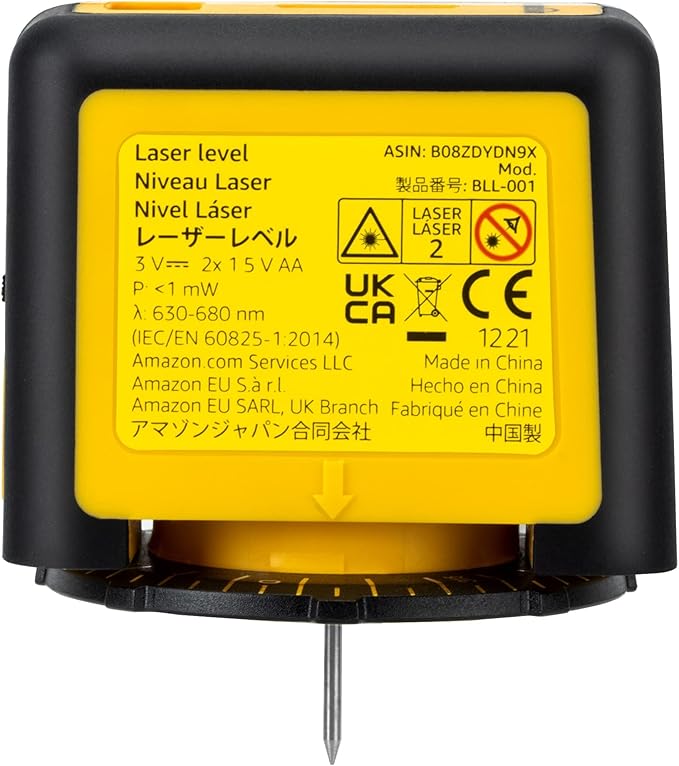 Amazon Basics 360 Degree Rotating Laser Class II Level with 2 Extra-Large backlit bubble vials, 16 ft / 192 in, Yellow/Black