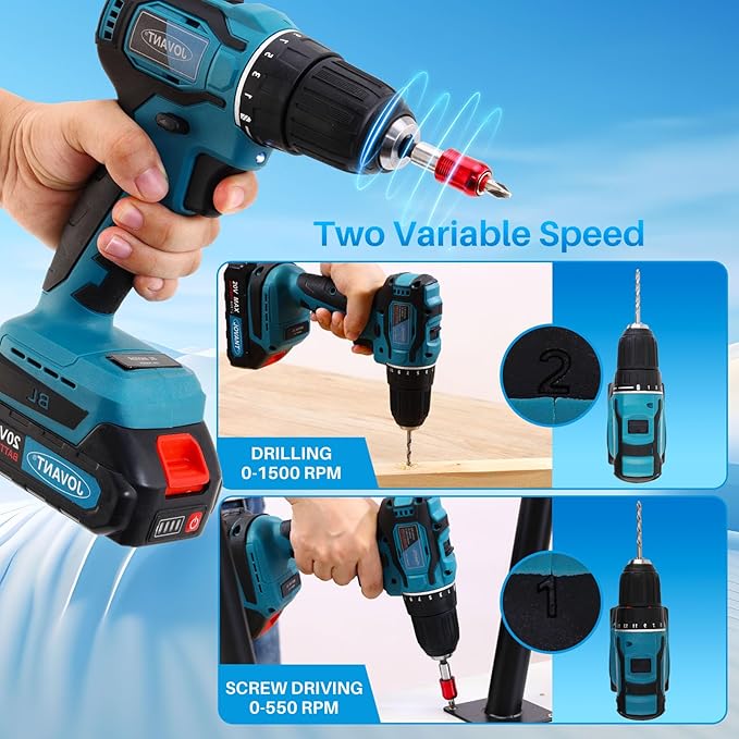 Brushless Cordless Drill Set/Driver Kit,Lightweight Driver, Electric Power Drill with 2 Batteries and Charger,3/8 Inch Keyless Chuck,21+1 Torque Setting,2 Speed with Bits-JOVANT