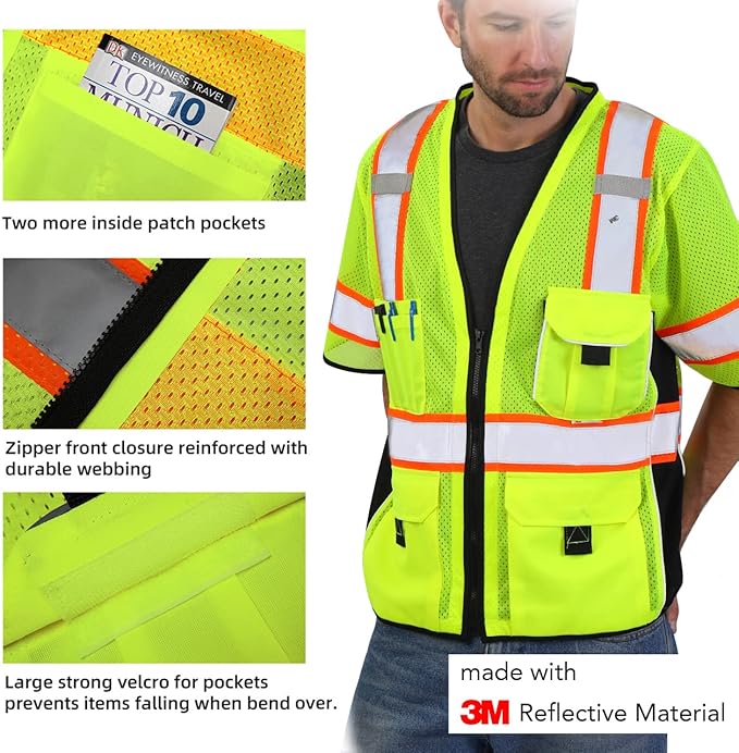 Dib Safety Reflective Mesh Vest ANSI Class 3, High Visibility with Pockets and Zipper, Made with 3M Reflective Tape, Yellow S
