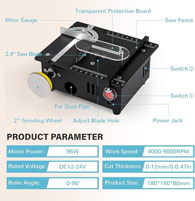 Mini Table Saw-96W Dual Motor 12MM Cut Depth, 0-90° Angle Adjustment 4 Blades Set & Compact for Wood Crafts, PCB, Acrylic DIY Hobby Saws