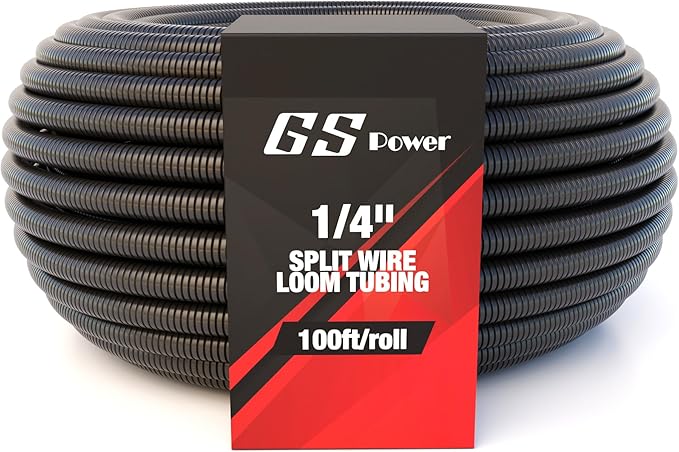 GS Power 1/4 Inch x 100ft Split Wire Loom Tubing, Split Cable Sleeve Cord Protector for Industrial Electrical Wires, Automotive Wire Cover Flexible, High Temperature Cable Conduit, Wrap