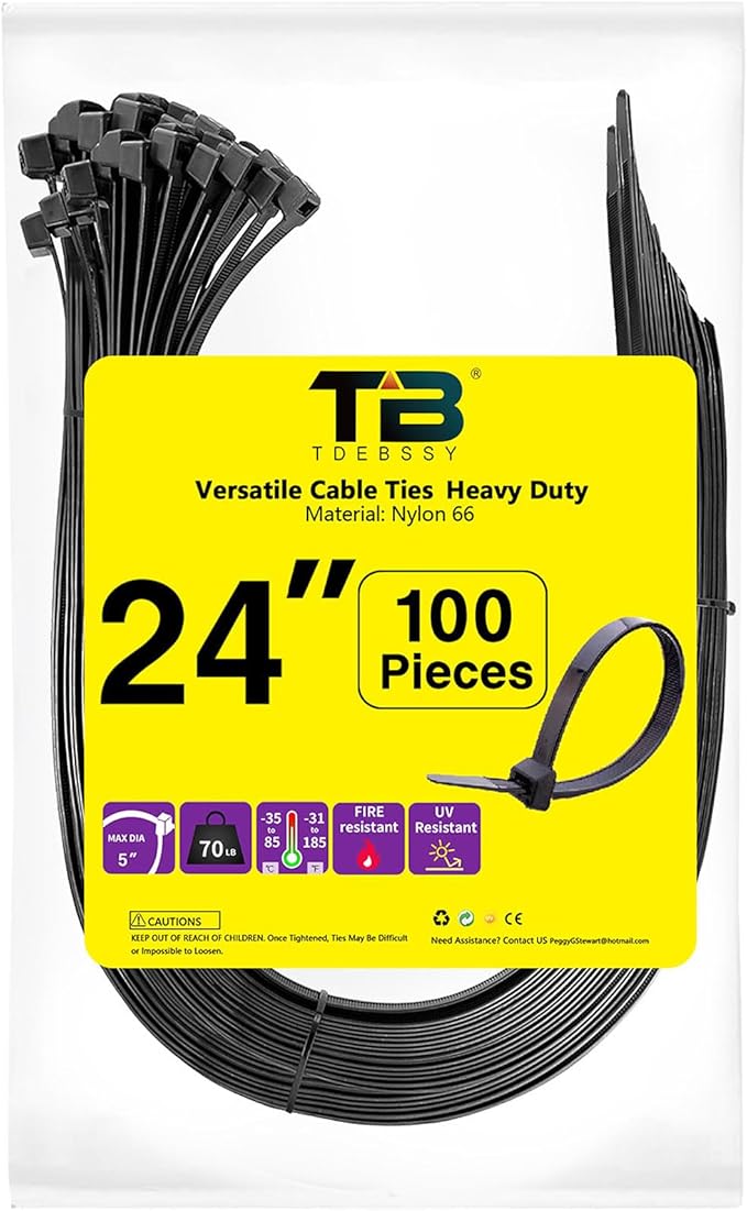Black Zip Ties 100 Pcs,TDEBSSY 24in Long 70lb Heavy Duty Cable Ties 4.8mm Wide Self Locking Nylon Zip Ties UV Resistant Strong Wire Ties with 32 kg Tensile Strength (24in/70lbs)