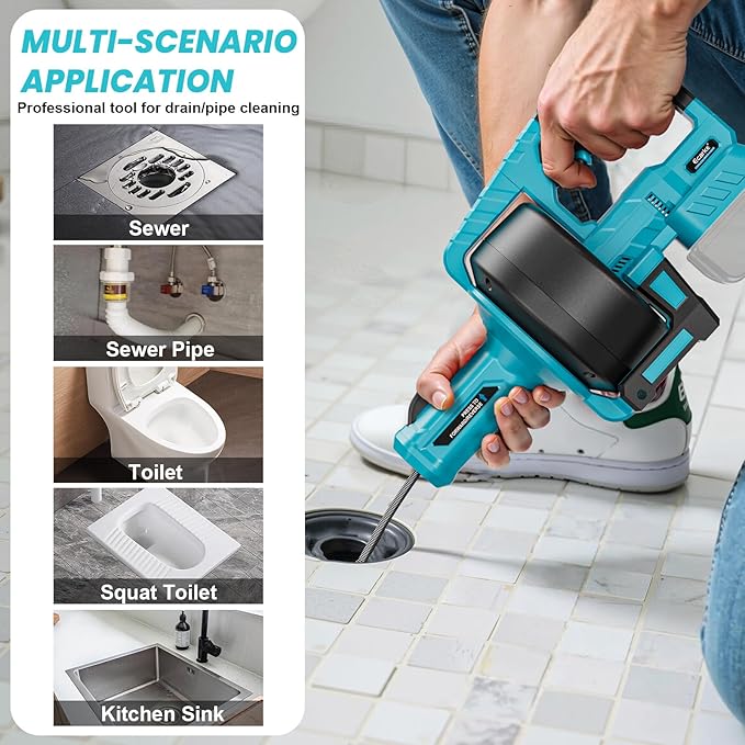 Ecarke Cordless Drain Auger 25Ft Compatible with Makita 18V Battery: 610 RPM Electric Plumbing Snake Drain Auger Spiral Machine, Powerful Drain Cleaner With Towel & Gloves for Kitchen,Sewer(Tool Only)