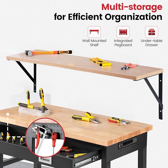 Workbench with Shelf Bracket 48 x 24 Inch Heavy Duty Rubberwood Tabletop Work Table Adjustable Height Work Bench with Drawer, Power Outlets for Garage Woodworking Shop, Home, Office