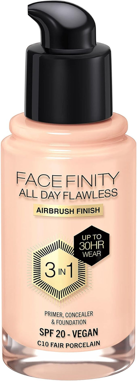 Max Factor Facefinity 3-in-1 All Day Flawless Liquid Foundation, SPF 20-10 Fair Porcelain, 30 ml-VeraVaultWomen