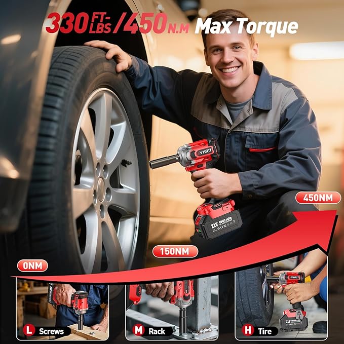 Cordless Impact Wrench 3/8 Inch, 450N.m/ 330Ft-lbs Electric Impact Gun with Blushless Motor, 4000mAh Battery, Charger, 5 Sockets, Power Impact Driver for Car Home, Tire Repair