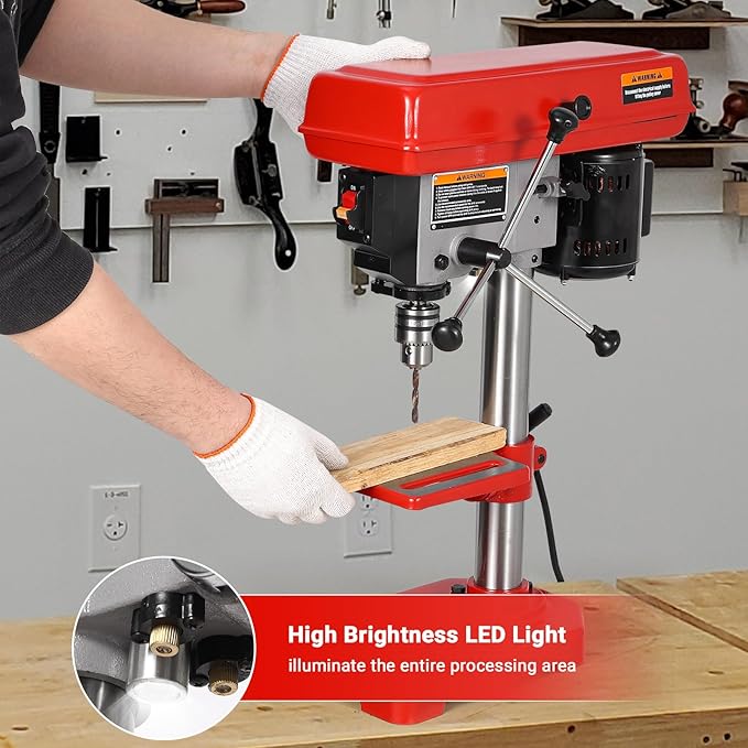 8" Benchtop Drill Press, Laser Ray (Class II Max. 1mW), Tabletop Drilling Machine with 5 Adjustable Speeds (620 to 3100 RPM), 0-45°Tilting Worktable with LED Light (1W), for Wood or Metal