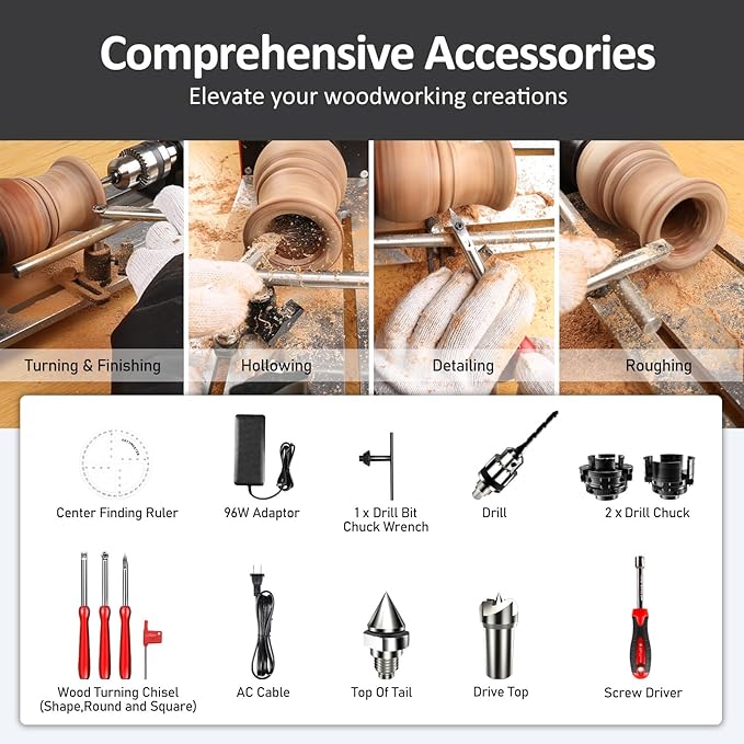 Mini Lathe, WM101A-Plus Mini Wood Lathe Machine, 24VDC 96W Power Lathe, Small Benchtop Lathe with Wood Turning Lathe Tools Kits, Infinitely Variable Speed, Professional for DIY Woodworking