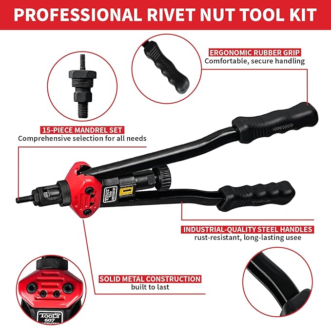 Rivet Nut Tool Kit, 16-Inch Rivnut Tool with 15 Metric & SAE Mandrels and Rivet Nut Gun, Rivnut Tool Kit Assortment, Nutsert Tool Kit with Carrying Case (UK-MZTZ0104)