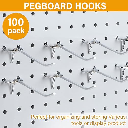 Shimeyao 100 Pcs Peg Board Shelving Hooks Stainless Steel Hanging Board Pegs Wall Display Hooks Bulk for 1/8 1/4 Garage Storage Organizer Accessories(4 Inch,Silver)