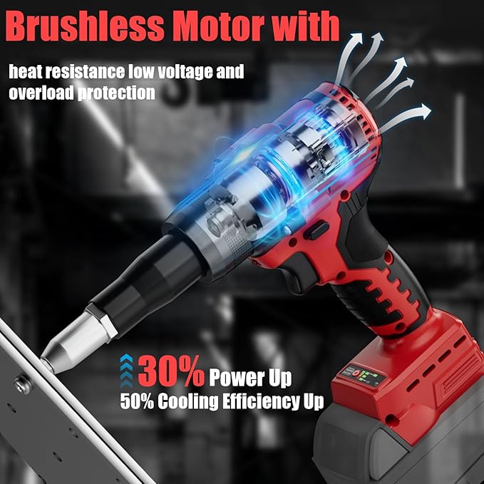 Rivet Gun Compatible with Milwaukee 18V Battery, Cordless Rivet Tool with 3 Size (1/8", 5/32", 3/16") Aluminum Rivets, Brushless Motor Rivet Gun Kit Nose Piece, Led Light, Tool Only