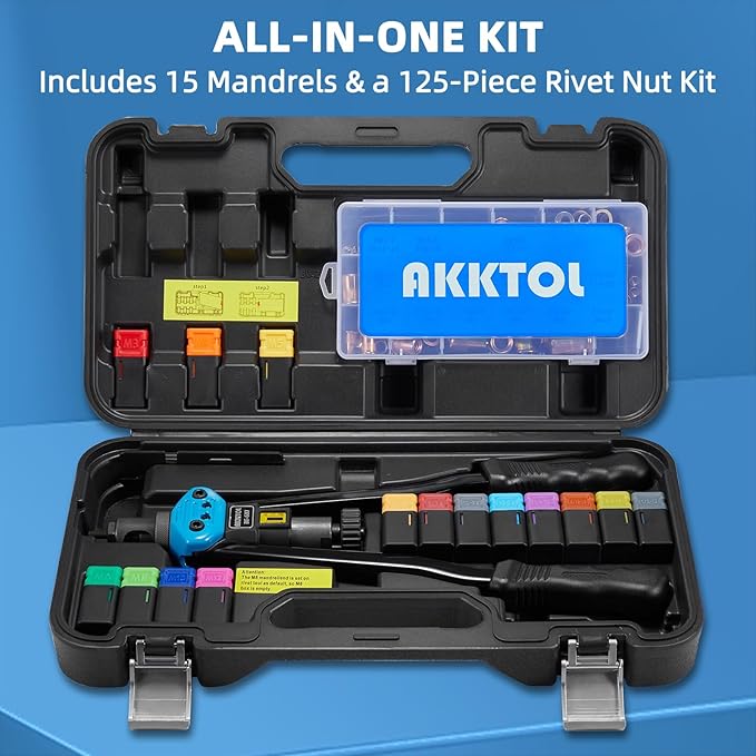 AKKTOL Rivet Nut Tool kit, 16" Rivnut Tool Kit with 15 Metric and SAE Mandrels, 125-PCS Rivet Nut Assortment Kit, Rugged Carrying Case, Ideal for Sheet Metal & Automotive Work