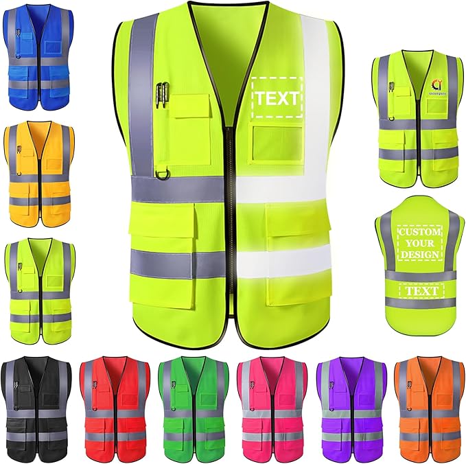 Custom Safety Vest for Men with Logo Pockets Personalized High Visibility Protective Workwear with Reflective Strip