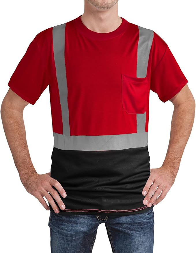 High Visibility Shirts Quick Dry Safety T Shirts with Reflective Strips and Pocket Short Sleeve Mesh Hi Vis Construction Work Class 2 Shirt for Men/Women Black Bottom Red,XL