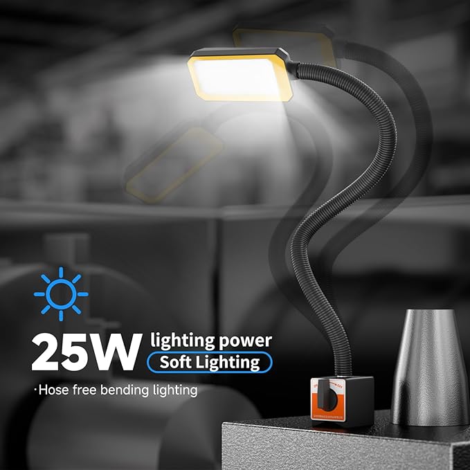LED Machine Work Light, 2500 Lumens Flexible Gooseneck Magnetic Lamp for Lathe and Drill Press, Machine Job Light with Strong Magnetic Base 110-220V 25W (M1202)