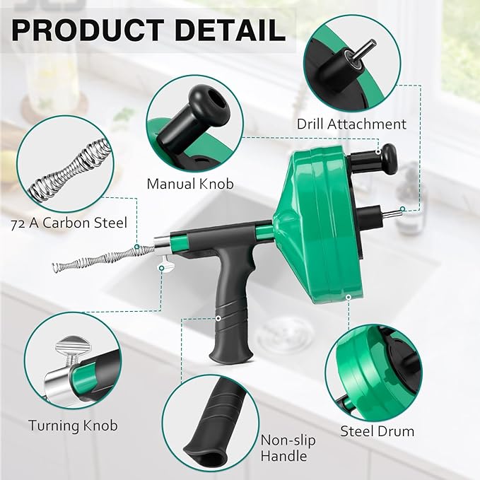 Drain Clog Remover,50 FT Drain Snake with Drill Attachment,Heavy-Duty Steel Drain Auger,Plumbing Snake Clog Removal Tool,Sewer Snake for Sink,Kitchen,Shower,Toilet