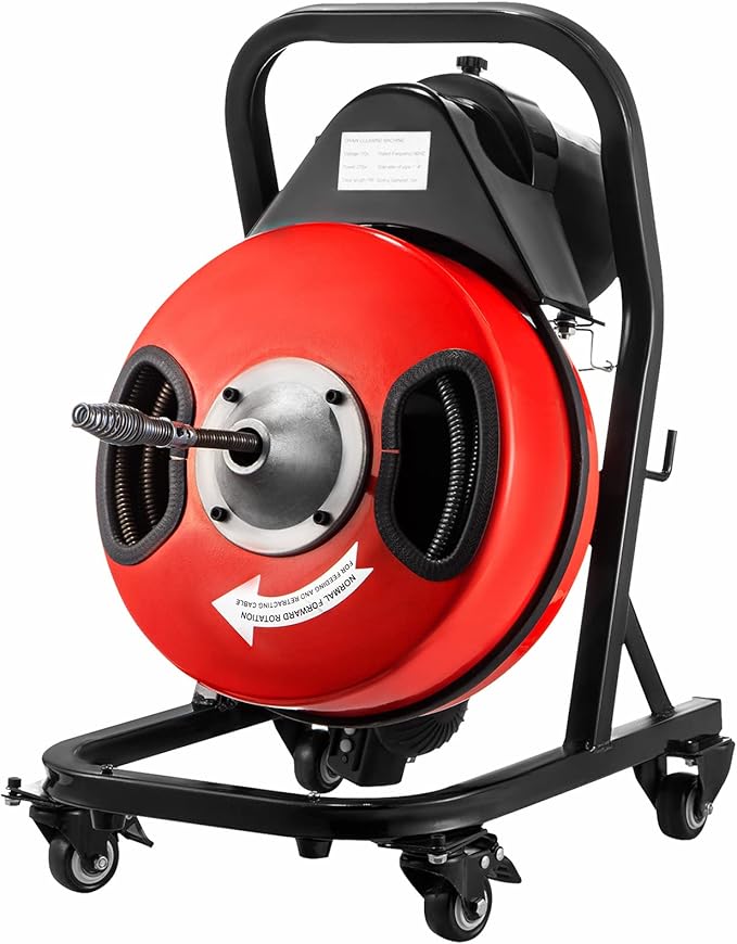 VEVOR 50FT x 1/2Inch Sewer Snake Cleaning Machine on 4 Wheels Electri Drain Auger with 4 Cutters & Foot Switch for 1''-4'' Pipes, Red, Black
