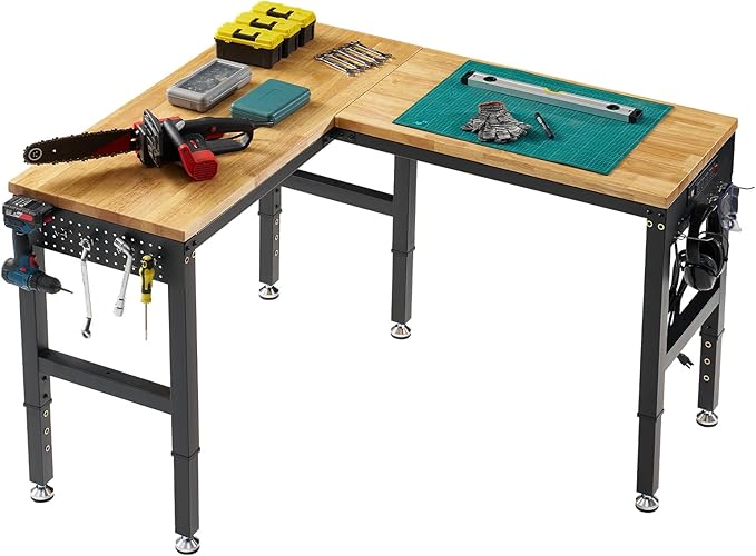 SPECRAFT 56"x48" L-Shaped Workbench with Power Strip, Adjustable Height Heavy Duty Work Table with Pegboard, 6000LBS Load Capacity, Industrial Wood Top Workstation for Garage, Workshop, Home Office