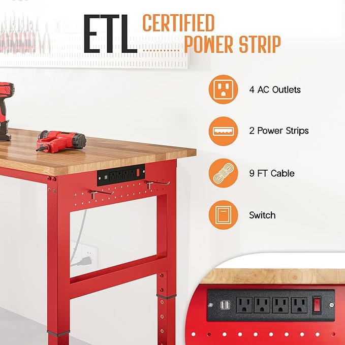 SPECRAFT Red Adjustable Heavy Duty Workbench with 4 AC Outlet and 2 USB Ports Power Outlets, 2000 Lbs Capacity, Rubber Wood Top for Garage, Workshop, Office