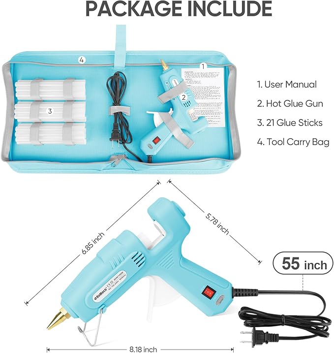 ROMECH Full Size Hot Glue Gun with 60/100W Dual Power and 21 Hot Glue Sticks (7/16"), Fast Preheating Heavy Duty Industrial Gluegun with Storage Case for Crafting, DIY and Repairs (Cyan)